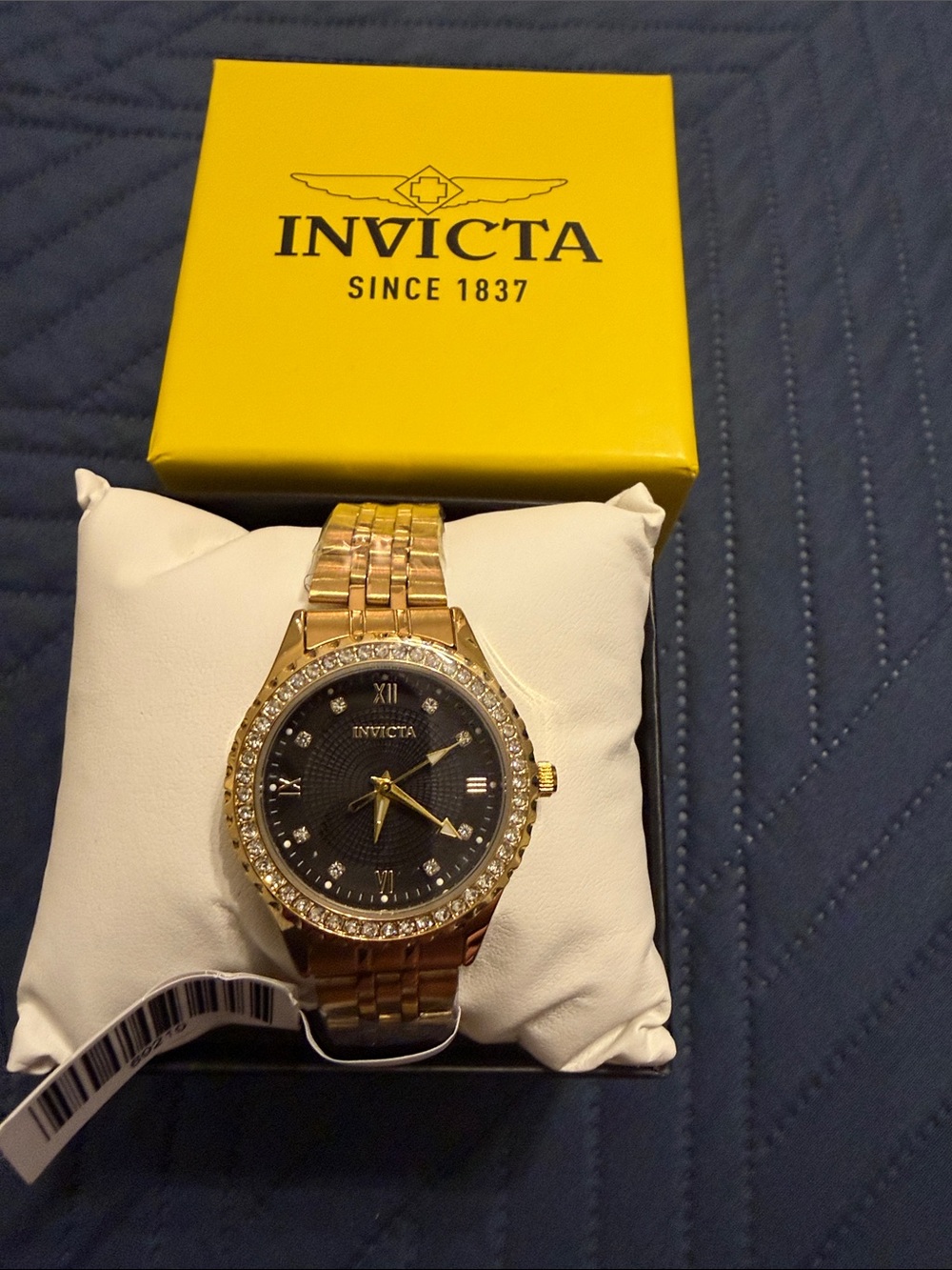 Invicta Gold-Tone Watch with Black Dial and Crystal Bezel